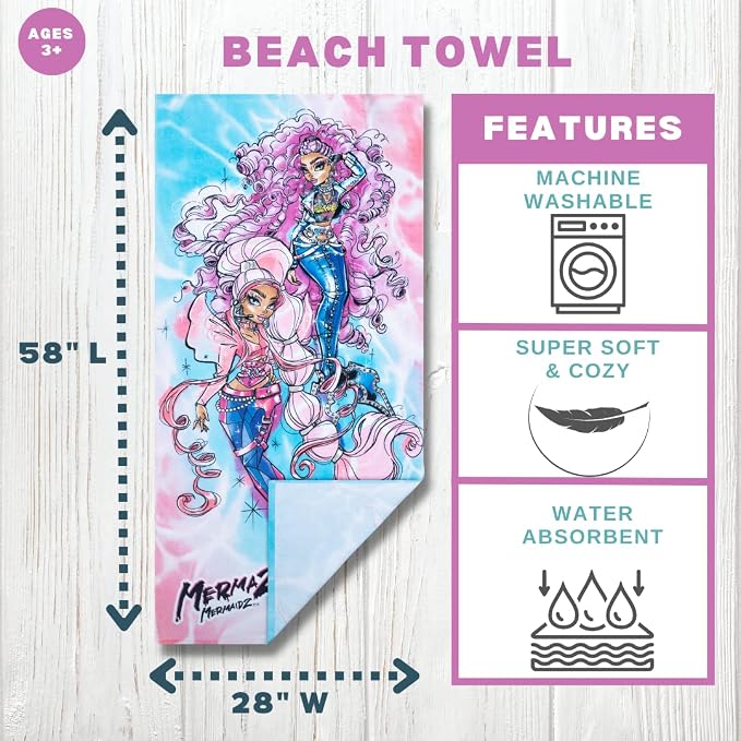 Mermaze Super Soft Cotton Bath/Pool/Beach Towel, 58 in x 28 in, (Official Mermaze Product) by