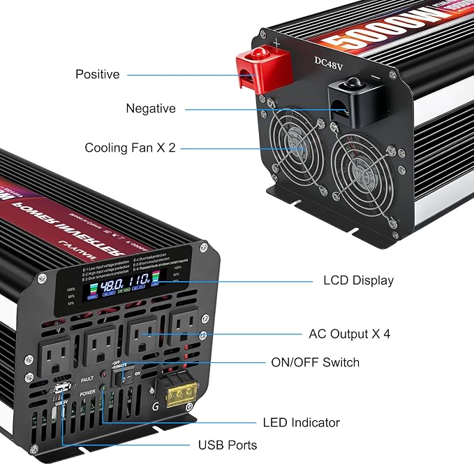 5000 Watt Power Inverter 48V to 110V 120V for Vehicle, Solar Inverter System, Heavy Duty, RV, Truck, Off Grid,Camping with 4 AC Outlets, LCD Display, Wireless Remote Control, Car Power Inverter