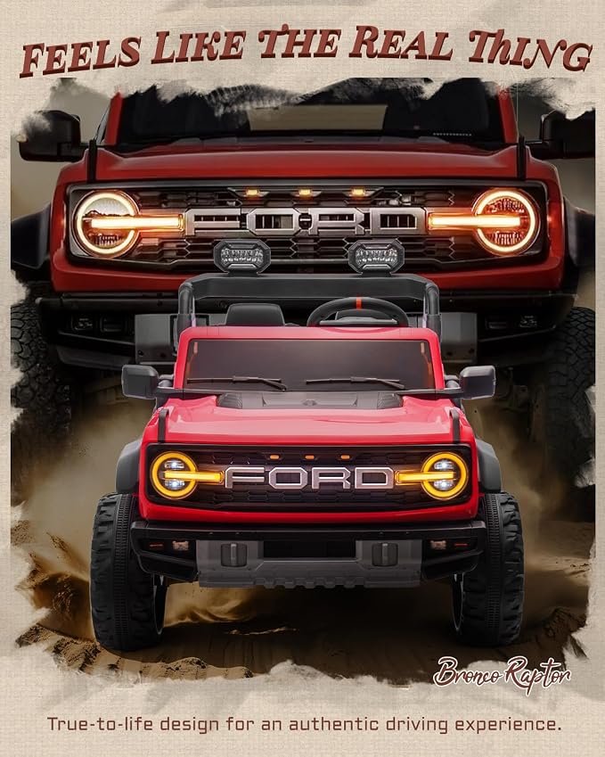 Ford Bronco 24V Ride on Toys for Boys & Girls, 2 Seater Kids Electric Car with Remote Control, Kids Ride on Truck with Rear Wheels Suspension, Led Lights, Safety Belt (24V, Red)