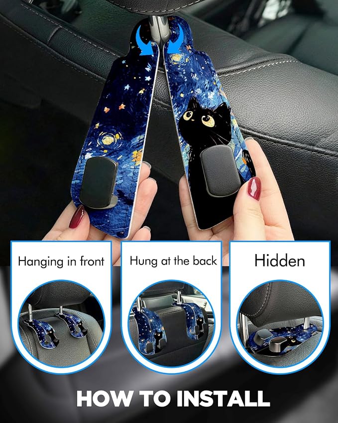 Purse Holder for Car, 2 Pack Heavy Duty Purse Hanger for Car, PU Leather Car Seat Hooks for Purses and Bags, Cute Blue Starry Sky Cat Headrest Organizer for Handbags & Backpacks
