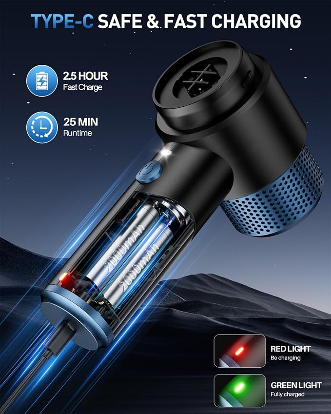 Handheld Car Vacuum Cleaner Cordless Rechargeable | 15000PA Powerful Suction, 4-in-1 Air Duster & Blower, Built-in LED Light, Multi Nozzles, Mini Portable Vacuum for Car & Home