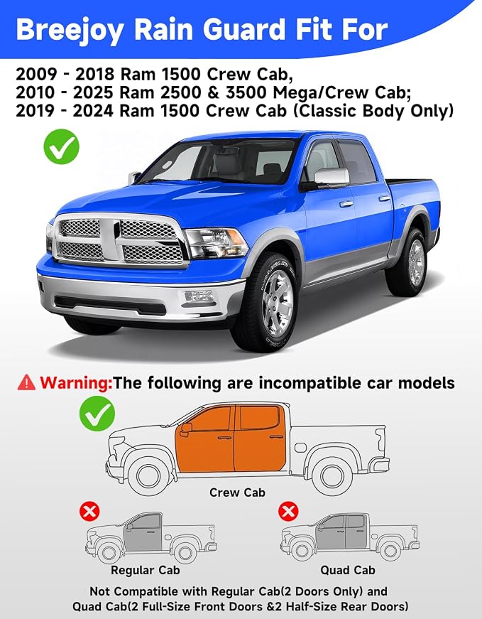 in-Channel Rain Guards Fit for Dodge RAM 2009-2018 Crew Cab/Dodge Ram 1500 Classic 2019-2024 Crew Cab, Window Rain Guards Visors Vent Visors Window Deflector Vent Shades Accessories