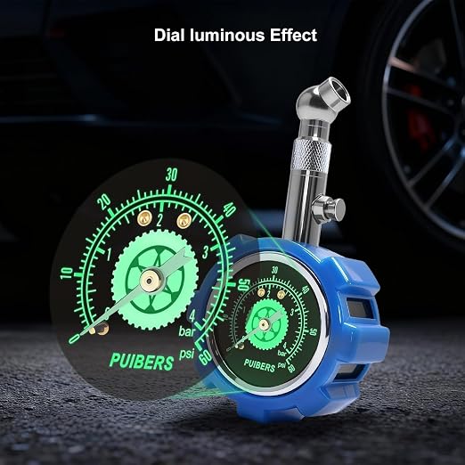 Tire Pressure Gauge 60 PSI/ 4BAR,Tire Gauges for Tire Pressure 1.5" Easy Read Glow Dial, Double Layer Protected Air Gauge 360° Swivel,Certified ANSI B40.1 Accurate for Bicycle,Car,SUV,Moto