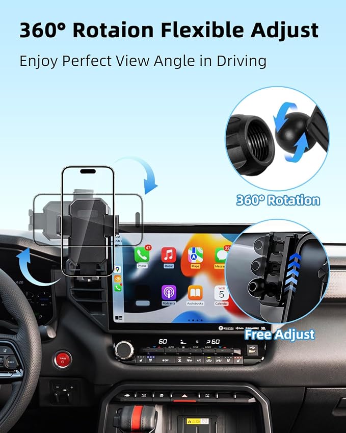 PZK Car Phone Mount for Toyota Tundra 2022-2026 /Sequoia 2023-2026 14-Inch | Screen Car Phone Holder Auto Lock Limited/Platinum Tundra Accessories 360° Rotation Hands Free Cradles Not Block Air Vent