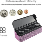 carleef Bling Coin Holder for Car,4 Compartment Car Organizers and Storage with Rhinestones Compatible with Quarter/Nickel/Pennies/Dimes,Universal Coin Organizer for Car Truck SUV (Pink)