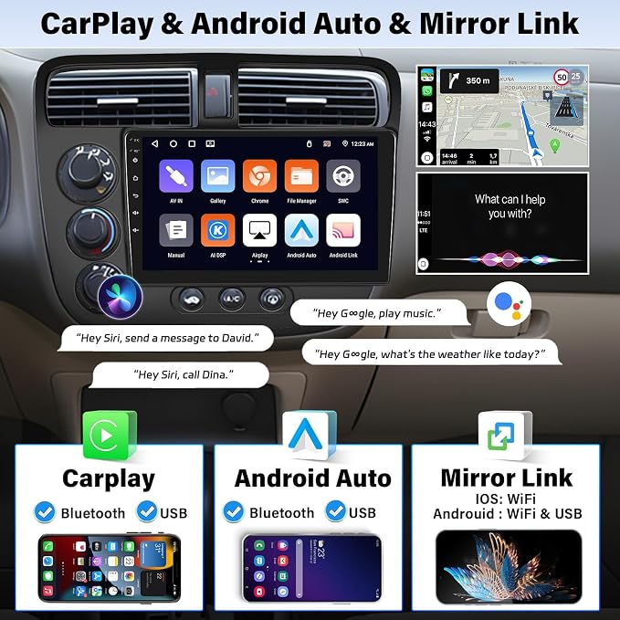 [8 Core 4G+64G] Car Stereo Radio for Honda Civic 2001-2005, 9” IPS 1280 * 720 Touchscreen Unit with Wireless Carplay Android Auto,Bluetooth-5.0 Mirror Link GPS WiFi 59-UI,32-EQ DSP SWC Rear Camera