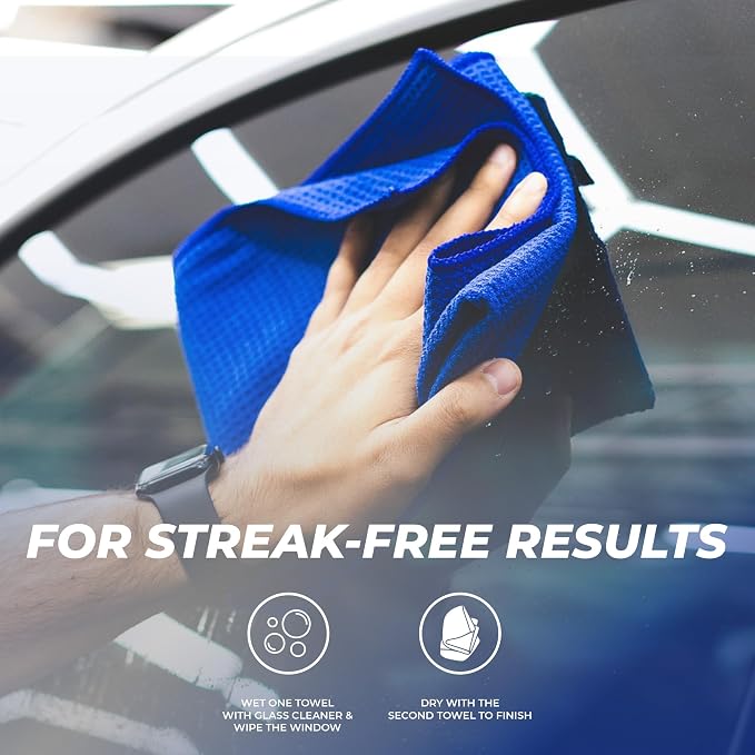 Standard Waffle Weave Microfiber Towels (2-Pack) Detailing, Window, Glass and Drying, Wax & Polish, Lint-Free, Streak-Free, 370gsm, 16in x 24in, Royal Blue
