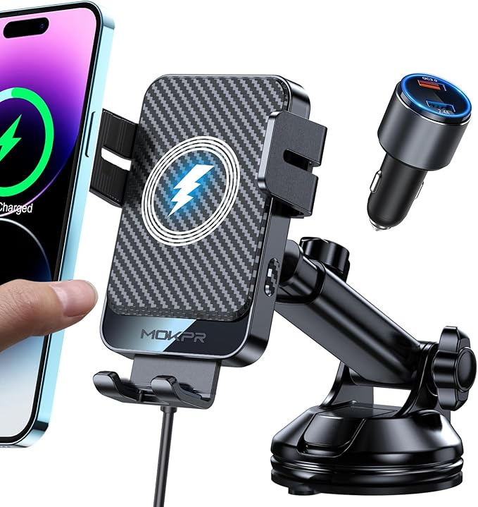 Wireless Car Charger, 15W Fast Charging Auto-Clamping Car Mount Universal Hands-Free Car Charger Mount for Dash Windshield Air Vent Compatible with iPhone 15/14/13/12, Samsung S23/S22/S21 Black