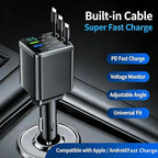 7 in 1 Retractable Car Charger,102W Car Charger Fast Charging Adapter | Car Charger USB C,Car Accessories,Voltage Smart Display,3 Retractable Type-C Cables for iPhone 17 Pro/16/15,Galaxy S26,Pixel