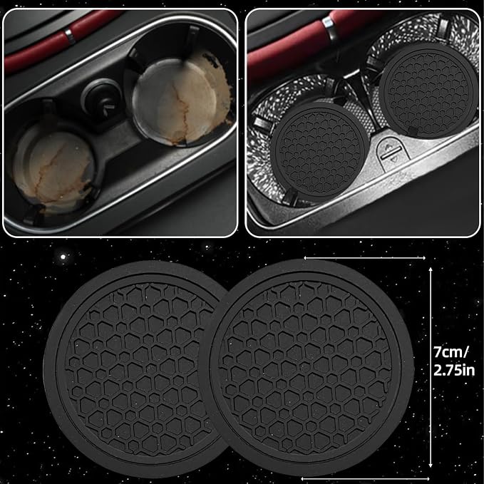 6 Pcs Black Car Accessories Set, Sport Leather Steering Wheel Cover 14.5-15inch Universal, Car Center Console Cover, Seat Belt Cushion, Cup Holder Coaster (Black Carbon Fiber)