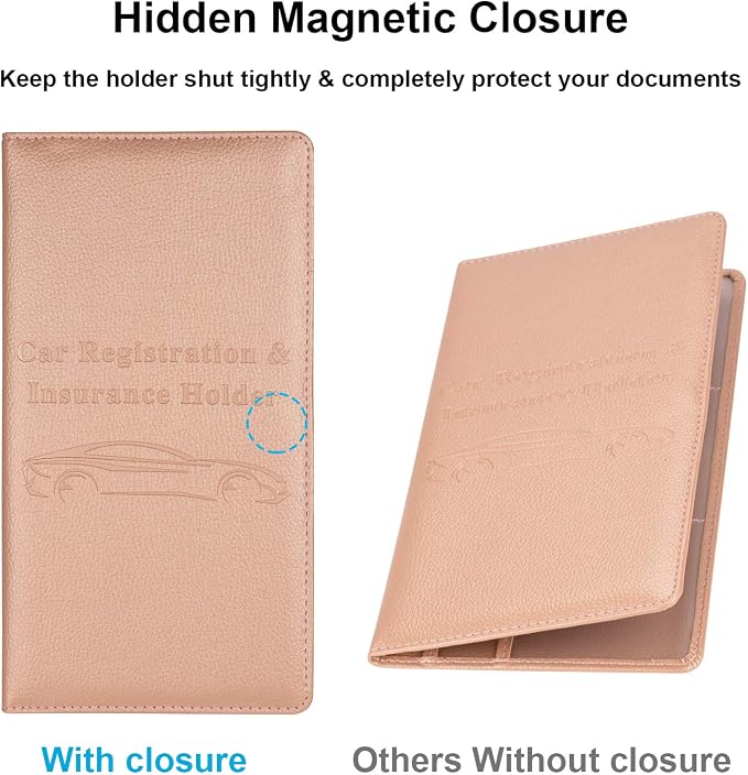 Car Registration and Insurance Holder, Vehicle Glove Box Car Organizer Men Women Wallet Accessories Case with Magnetic Shut for Cards, Essential Document, Driver License, Rose Gold