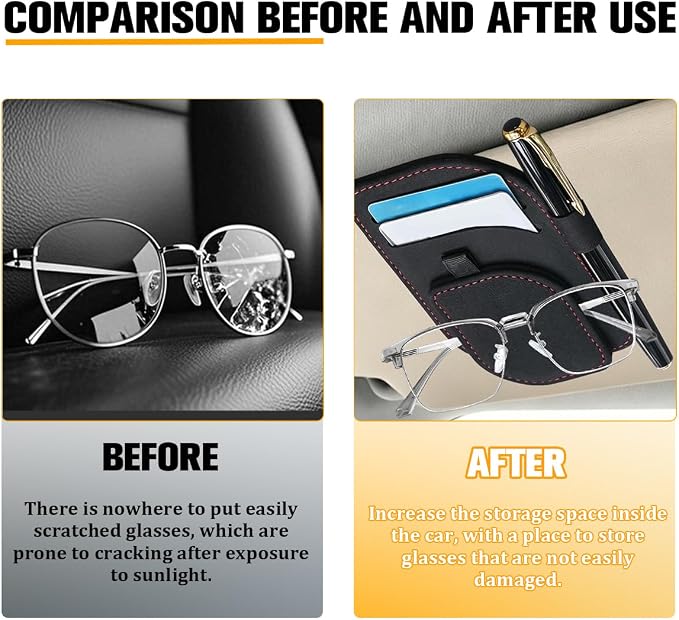 Car Sun Visor Organizer, Multi-Pocket Vehicle Sunglass Card Holder with Pen Slot, Automotive Interior Sunshade Glasses Storage Organizer, Universal Fit (Black)