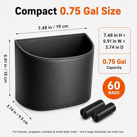 Leather Car Trash Can – Leakproof & Easy-to-Clean Car Garbage Can for Luxury Cars, SUVs & Trucks | Includes 60 Custom Liners, Secure Hook, Easy Install, Black