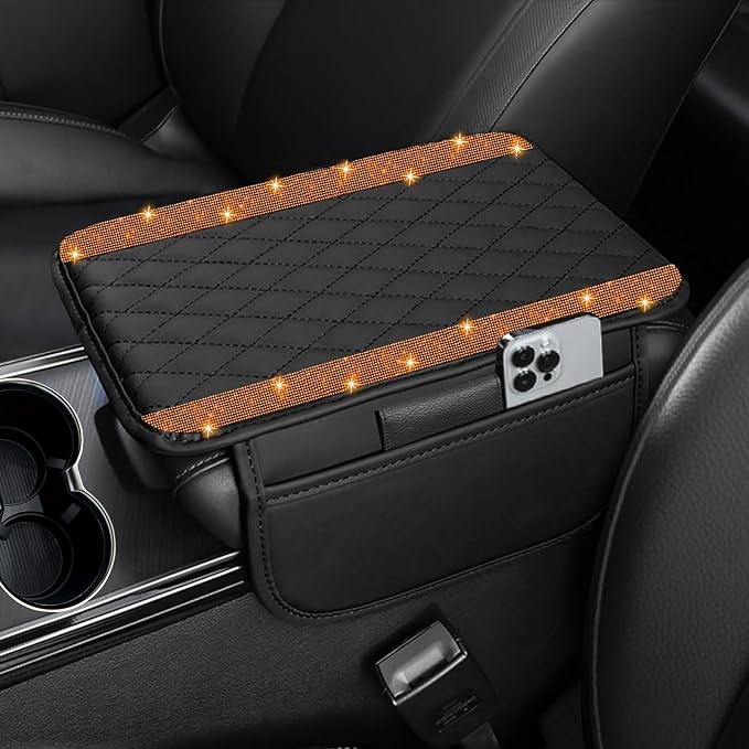 Bling Car Center Console Cover, Leather Car Arm Rest Cover Cushion with 2 Storage Bags, Universal Auto Armrest Protector Storage Box, Bling Accessories Interior for Most Vehicles (Orange)