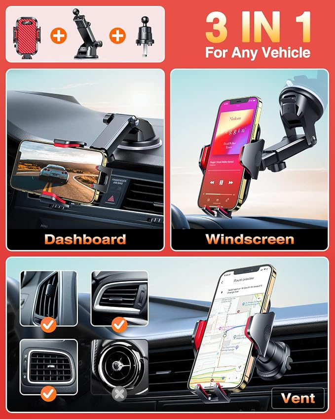 Phone Holders for Your Car 2026 Ultimate Phone Mount Military-Grade Windshield Dashboard Vent【Newest Best Strongest】 Cell Phone Car Mount for iPhone 16 Pro Max 15 Samsung Android,Red