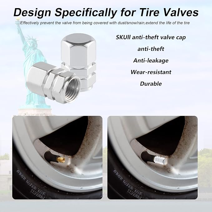 Aluminum Tire Stem Valve Caps Wheel Valve Covers Car Dustproof Tire Cap Cover Accessories, Universal for SUV, Car, Bike and Motorcycle，Hexagon Shape (4PCS Silvery)