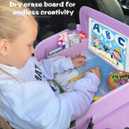 Kids Travel Tray for Car Seat, Road Trip Essentials Kids Lap Tray | Toddler Gift for Girl Activities with Dry Erase Board, No-Drop iPad Holder Stand, Cup Holder & Adjustable Strap, Purple