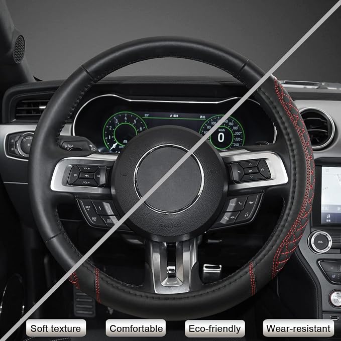 Car Steering Wheel Cover for Ford Escape,Explorer,Fusion,Focus,Bronco,Transit,Edge(Diamond Quilted - Black+Red- Standard Size)