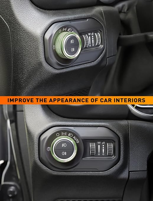 Climate Control Panel Knob Trim Kit & Light Control Switch Cover, Air Conditioner Knob Aluminum Alloy Ring for 2018-2024 Jeep Wrangler JL JLU & Gladiator JT, Interior Accessories, Green