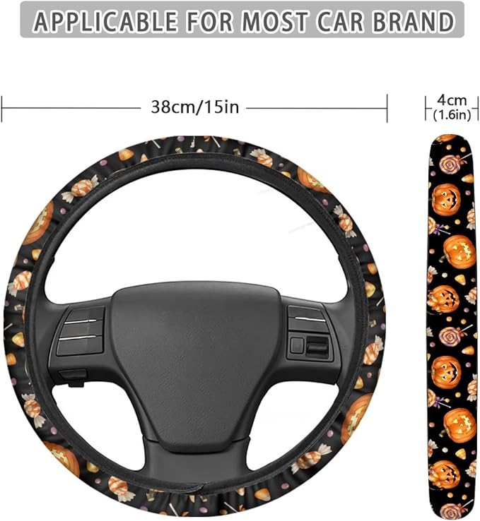 Car Steering Wheel Cover Universal 15 Inch Anti-Slip Neoprene Auto Steering Wheel Protector Halloween Car Accessories Decor for Women Men, Pumpkin Candy