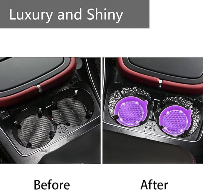 4PCS Bling Car Coasters, Non-Slip Insert Water Bottle Holder Pads, Bling Crystal Rhinestone Dustproof Automotive Interior Accessories, Universal for Vehicles, Trucks, RVs (4 pcs, Purple)