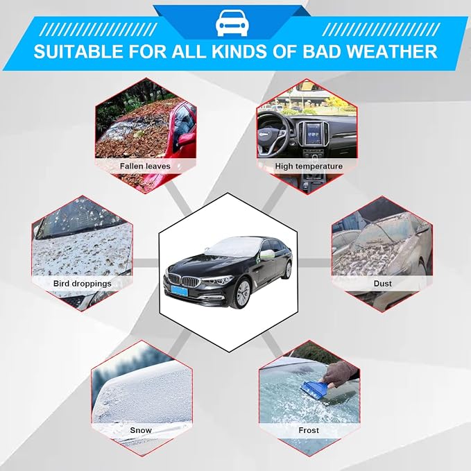 Car Windshield Snow Cover with Side Mirror Cover, 4 Layers Winter Frost Protection for Any Weather, Windscreen Covers with Magnetic Edges, Front Window Automotive Covers for Car SUV Trucks