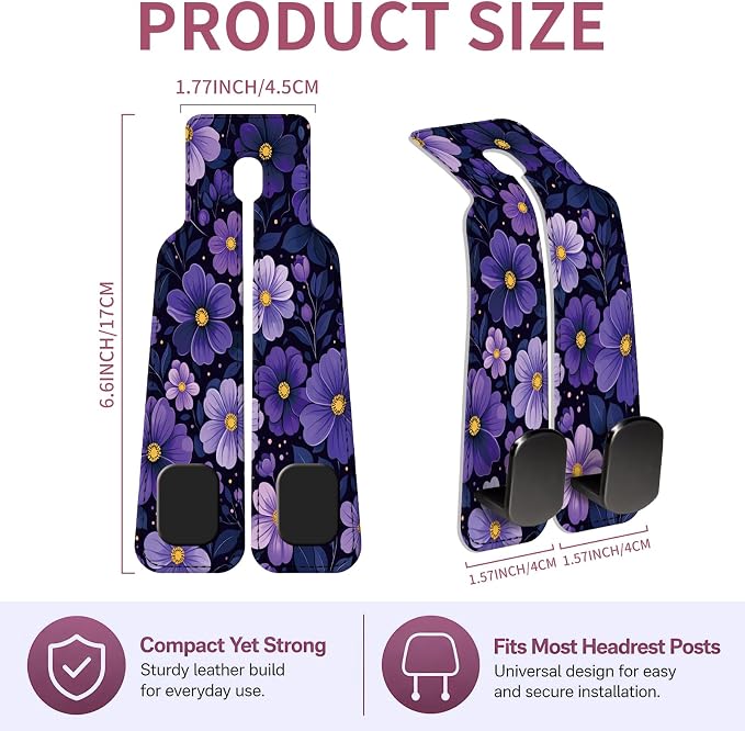 Car Seat Back Storage Hook, Funny Car Purse Hook, Cute Vehicle Storage Organizer for Purses Handbags Purple Flower Pattern