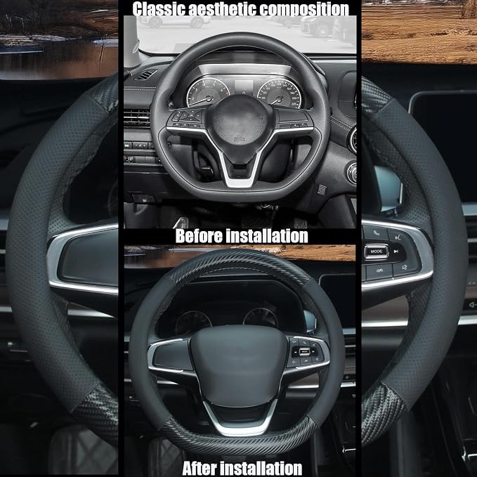 D Shaped Steering Wheel Cover, Flat Bottom Car Wheel Cover 14 1/2-15 inch (37-39 cm), Non-Folding Packaging, Microfiber Leather, Black with Carbon Fiber Pattern
