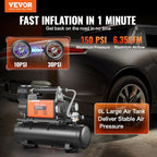 12V Heavy Duty Air Compressor with 6L Tank Kit, 6.35 CFM Portable Tire Inflator, 150PSI Offroad Air Compressor with Digital Pressure Gauge Tire Inflator for Trucks Car SUV 4 x 4 Vehicle RV