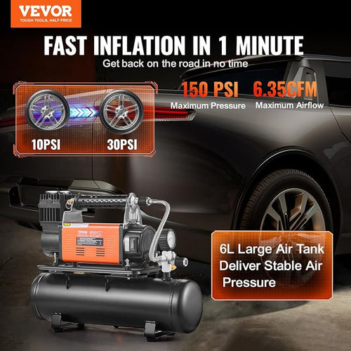 12V Heavy Duty Air Compressor with 6L Tank Kit, 6.35 CFM Portable Tire Inflator, 150PSI Offroad Air Compressor with Digital Pressure Gauge Tire Inflator for Trucks Car SUV 4 x 4 Vehicle RV