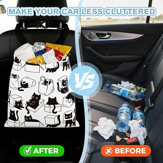 Playful Black Cat Car Trash Bag - Waterproof Car Trash Bag Hanging Leakproof Car Garbage Bag - Washable Reusable Trash Bag For Car Interior Hanging Organizer Storage Vehicle Travelling Camping