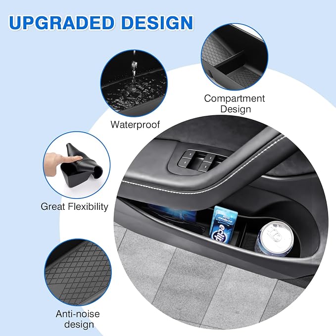 Door Side Storage Box and Trash Can for 2024 2025 2026 Refresh Tesla Model 3 Highland Accessories Front Rear Door Insert Slot Storage Tray Organizer Protector Garbage Bin with Trash Bags 6PCS