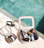 Clear Makeup Bag Organizer,Travel Toiletry Bag Cosmetic Case for Women,Portable Beach Make Up Skincare Pouch Car Organizer Bag with Zippers for Essentials(Large-Beige)