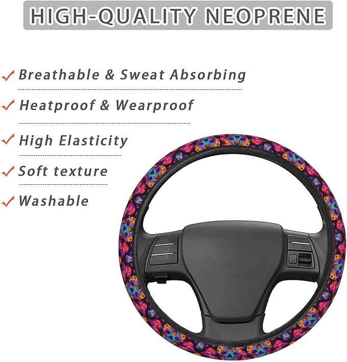 Neon Magic Mushrooms Skull Steering Wheel Covers Anti-Slip Elasticity Car Accessories Steering Wheel Protector Universal 15 Inch for Cars SUV Vehicle Truck