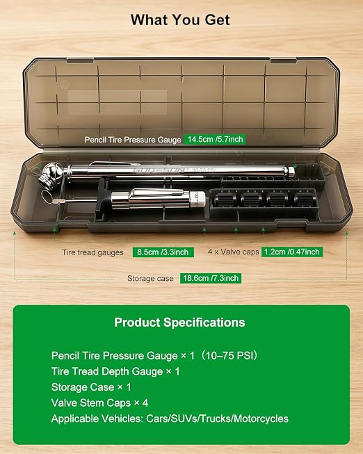 Tire Tread Depth Gauge & Pencil Tire Pressure Gauge 10-75 PSI, Calibrated to ANSI B40.1 Grade B(±2%), Color-Coded Tread Indicator, 4 Valve Caps & Storage Case, Tire Safety Kit for Cars, SUVs