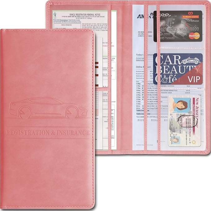 Car Accessories Registration and Insurance Holder, Leather Essential Card Magnetic Shut Vehicle Glove Box Organizer Case for Auto Driver License Document Truck Motorcycle Boat - Pink