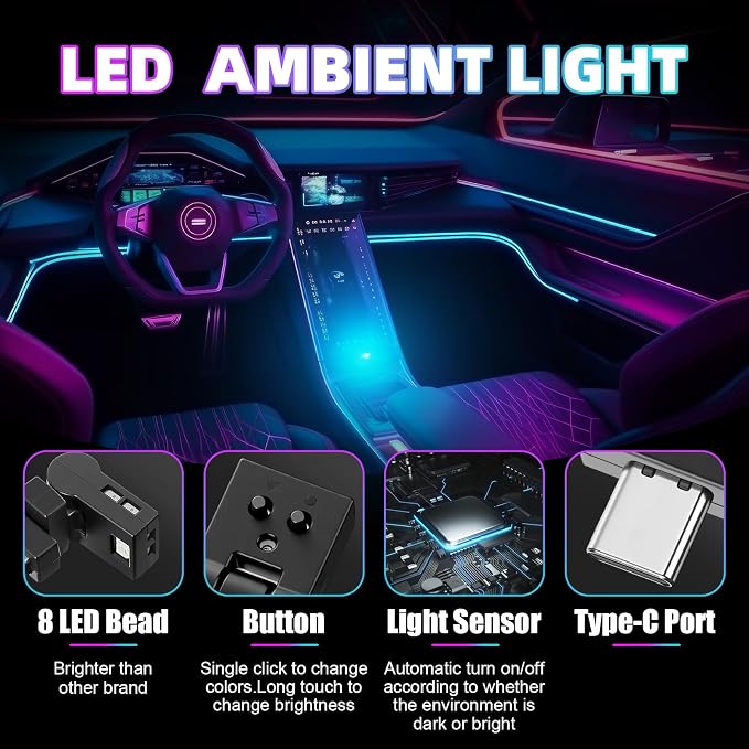 2 Pcs Mini USB LED Light Car LED Interior Lighting 5v RGB Foldable Ambient Lighting Adjustable 8 Color and Brightness Smart USB Night Lamp for Cars Laptop Keyboard (Manual Switch Type-c)