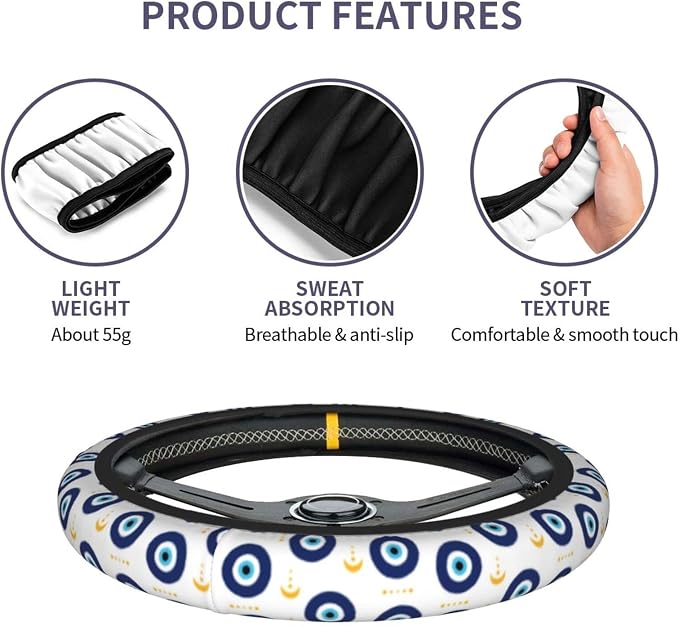 Blue Evil Eyes Magic Moon Steering Wheel Cover Car Accessories Cute for Women Girls Girly Universal 15 Inch Neoprene Auto Interior Decor Anti Slip Car Truck Protector