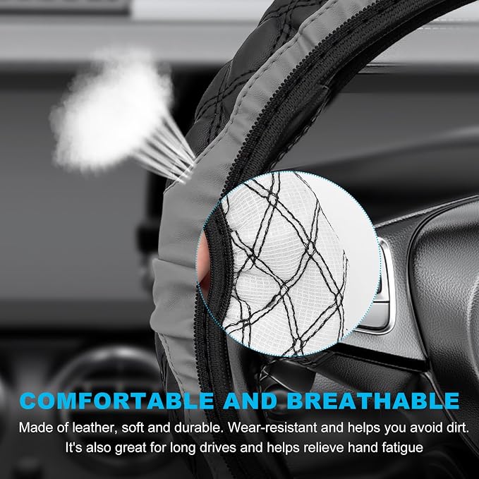 Car Steering Wheel Cover, 15 Inches Non-Slip Leather Steering Wheel Protector, Universal Soft Cover Mats for Car Truck SUV, Interior Car Accessories (Gray)