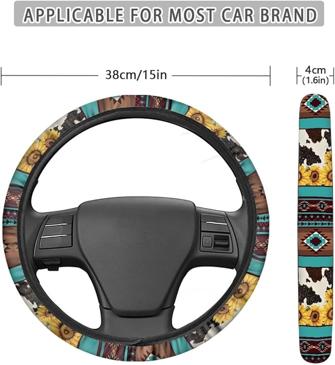 Aztec Sunflower Cow Print Blue 15 Inches Car Steering Wheel Covers Universal Auto Accessories Car Interior Decoration for Women Men