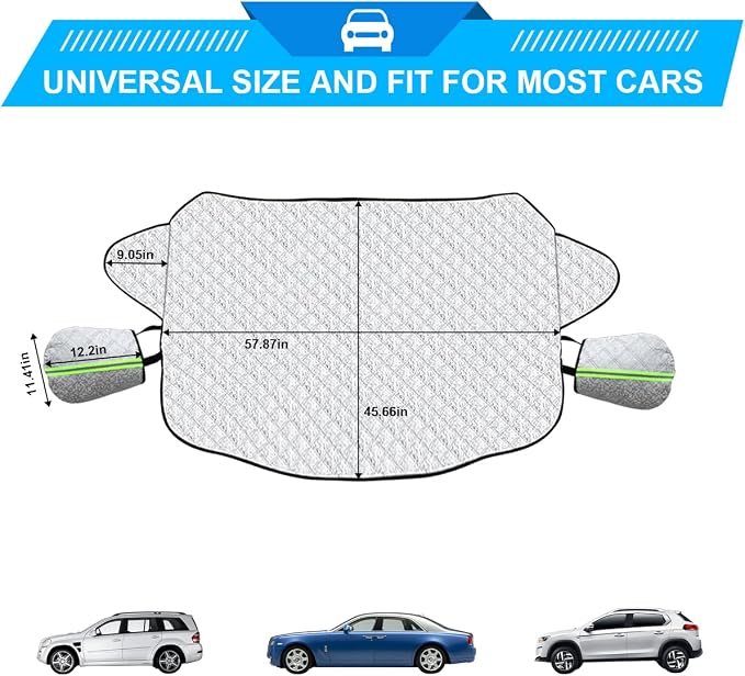 Car Windshield Snow Cover with Side Mirror Cover, 4 Layers Winter Frost Protection for Any Weather, Windscreen Covers with Magnetic Edges, Front Window Automotive Covers for Car SUV Trucks