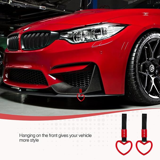 2PCS Heart Shaped Car Handle Straps, Rear Bumper Warning Keychain Ring Charm for Car Exterior Accessories (Red)