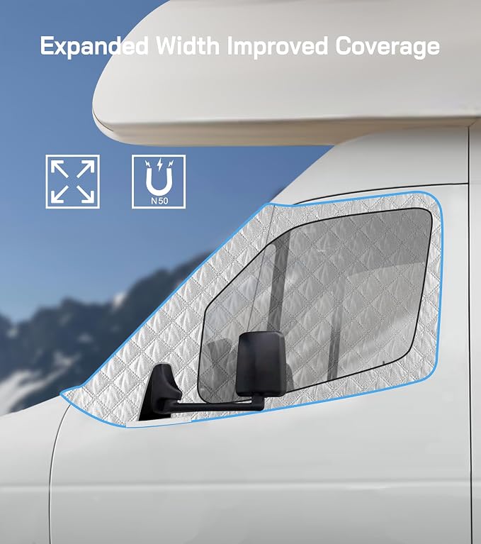 RV Windshield Cover for Ford E450,E350,E250,Econoline,Club Wagon 1997-2025 Motorhome, Class C RV Front Window Sunshade for UV Protection & Privacy Shield, White with Mirror Cutouts