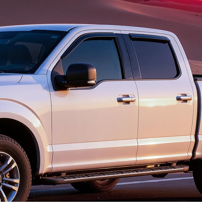 Tape-On Rain Guards for 2015-2025 Ford F150 SuperCrew, 2017-2025 Ford Raptor Crew Cab, 2017-2025 Ford F250 F350 F450 F550 Super Duty Crew Cab, Outside Mount Window Visor, 4PCS