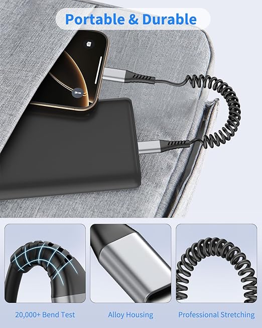 Coiled USB C to USB C Cable 3FT, 2Pack Retractable Car Charger Cord Type C to C Cable Fast Charging for iPhone 17 16 15 Pro Max, iPad, MacBook, Samsung Galaxy S23 S24, USBC to USBC Cables for Car