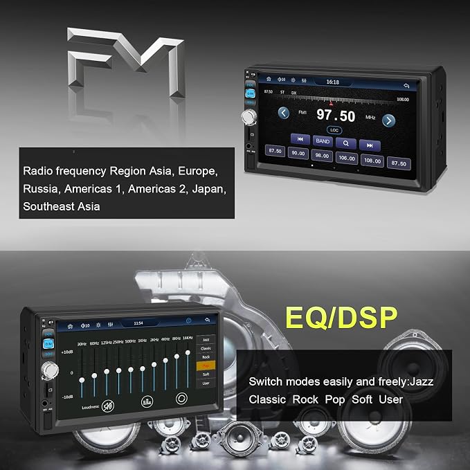 Double Din Car Stereo with 7" IPS Touchscreen, Wireless Apple Carplay & Android Auto, Bluetooth, 180W, Backup Camera, Subwoofer Output, Mirror Link, MIC, Car Radio Receiver