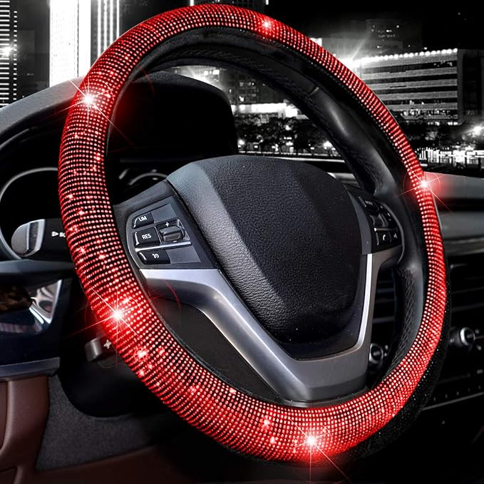 Steering Wheel Cover for Women Bling Bling Crystal Diamond Sparkling Car SUV Wheel Protector Universal Fit 15 Inch (Black with Red Diamond,Standard Size(14" 1/2-15" 1/4))