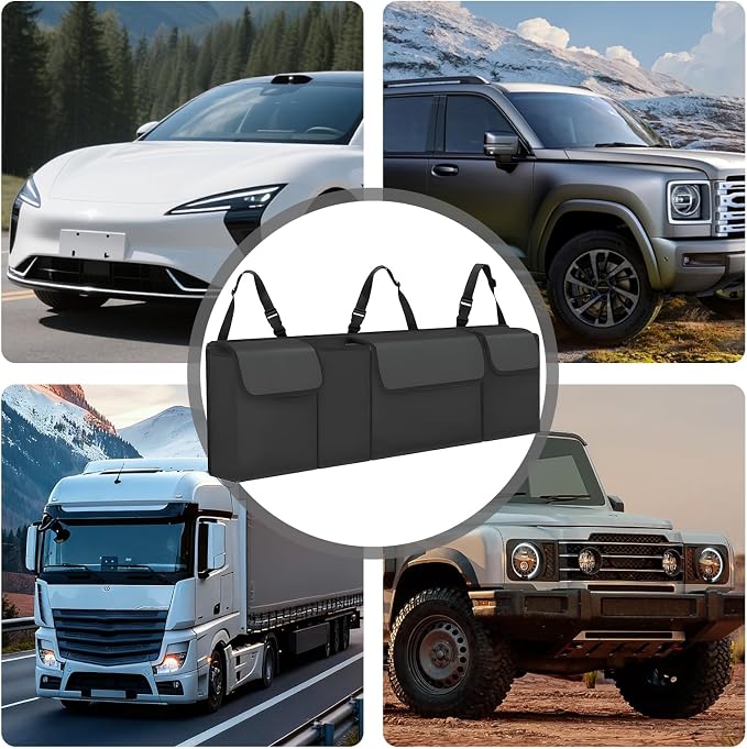 Car Trunk Organizer, Backseat Hanging Large Storage with Adjustable Straps,Waterproof PVC Collapsible Cargo Bag, Car Interior Accessories for Auto SUV MPV (Black)