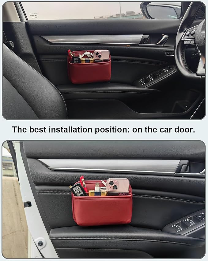 Driver's Car Storage Bag, Small Car Side Pocket Organizer for Car Seats, Doors and Consoles, PU Leather (Burgundy)