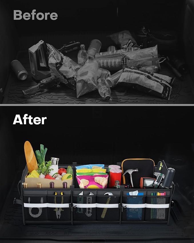 Trunk Organizer for SUV – Car Storage Box with Reflective Strips, Collapsible Car Organizer with Large Capacity, Essential Car Accessories for Truck, Van & Sedan, Black, 33.1" x 13.0" x 12.0"